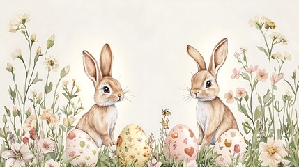 Easter bunnies with eggs, and flowers. (9)
