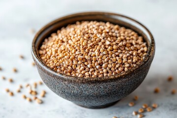 A ceramic bowl filled with brown grains on a surface