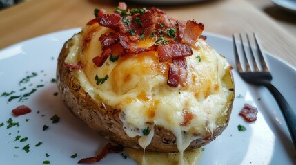 Crispy Baked Potato Filled with Melted Cheese and Crispy Bacon Topping