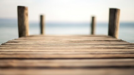 Wooden pier extending into calm waters, bathed in natural light, evoking tranquility and timeless serenity.

