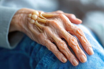 Fototapeta premium An elderly hand rests gently on a lap, illustrating the fine lines and textures that come with age. The skeletal structure is partially visible, highlighting the beauty of aging