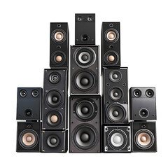  A set of speakers arranged in an array, with multiple small and large speaker boxes stacked on top of each other, against a  template background PNG  