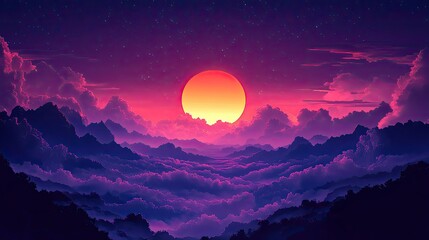 Sunrise over a mountain range in a colorful, cloudy sky.  Possible use  background, wallpaper