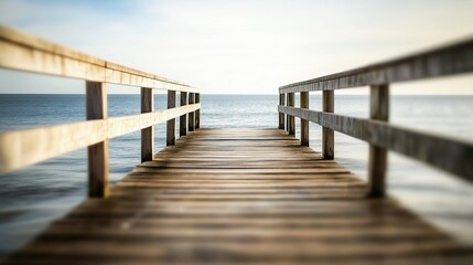 Fototapeta premium Wooden pier extending into calm waters, bathed in natural light, evoking tranquility and timeless serenity. 