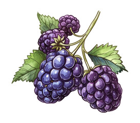 Fototapeta premium Watercolor Illustration of Blackberry Branch with Leaves on Black Background, Close-Up Detail View