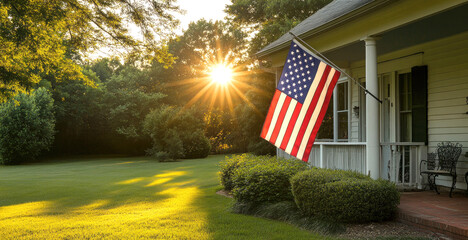 Sunlight casts a warm glow as it sets behind trees next to a house. An American flag gently flutters in the breeze, enhancing the serene, inviting atmosphere of the front yard