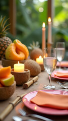 Obraz premium Coconut and vanilla candles with vibrant plates and bamboo cutlery. Tropical fruit centerpiece and sparkling water create a fresh and vibrant summer table setting. The image should be sharp, vibrant, 