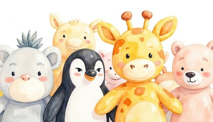 Naklejka premium Adorable Watercolor Animal Friends: A Whimsical Group Portrait