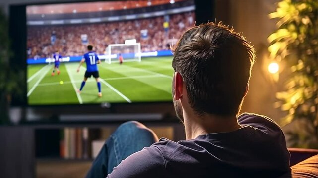 A man sits comfortably in a chair, captivated by a football match airing on TV. The thrill of the game ignites his passion as he roots for his favorite team, elevating the vibrant mood.