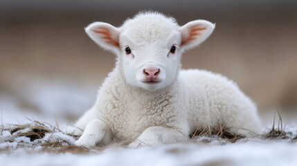 Fototapeta premium Cute lamb resting in the snow