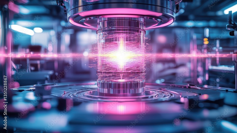 Poster glowing plasma generator floating inside high-tech environment