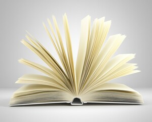 A beautifully arranged open book lies on a soft grey background, its pages gently fanned out, showcasing elegant text and illustrations, inviting readers to explore its contents.