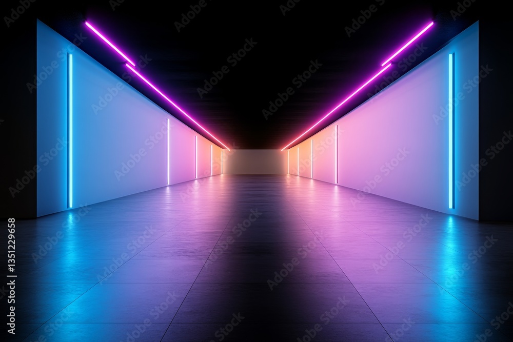 Poster Cool-colored neon lights illuminate a server rack in a high-tech data center, emphasizing depth and symmetry with an open area for text on the left