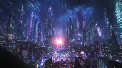 Futuristic Holographic Cityscape with Dynamic Light Projections