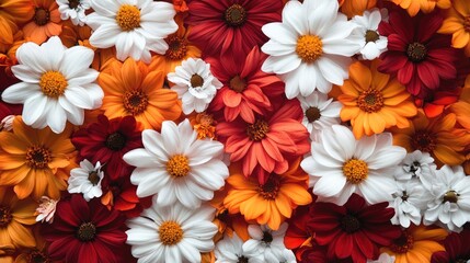 A vibrant arrangement of colorful flowers featuring daisies and other blooms, creating a lively backdrop