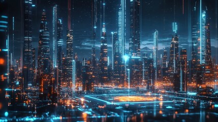 Fototapeta premium Futuristic Holographic Cityscape with Neon Lights and Technology