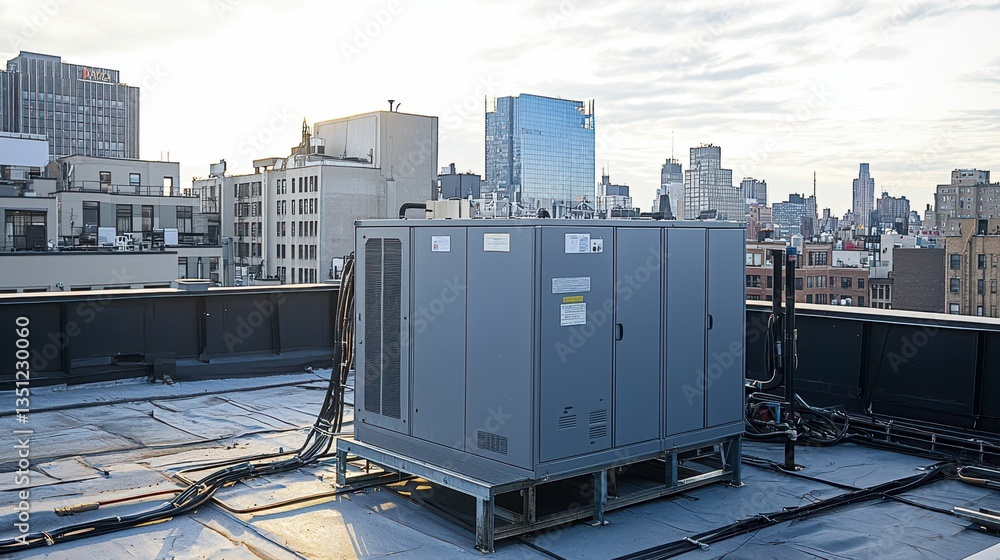 Poster large rooftop backup generator ready for operation in urban setting