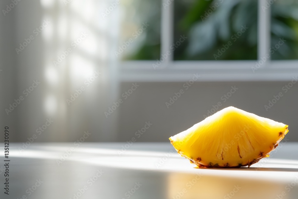 Poster a single chunk of pineapple appears frozen in mid-air, illuminated by soft light, showcasing its vib