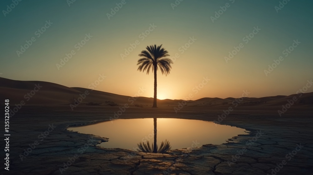 Poster a tall palm tree stands in a lush oasis, reflecting in a shimmering pool. the cracked earth and dist