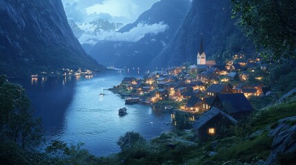 Magical Panoramic View of a Fjord and Village at Dusk