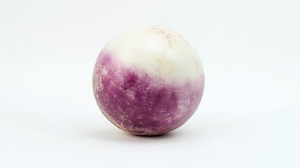 A small, round turnip with a smooth purple and white skin, isolated on a white background.