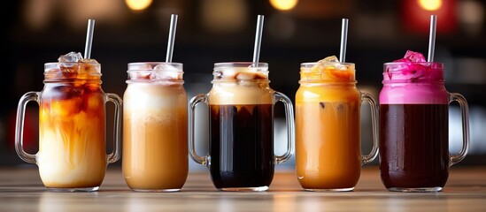 Iced Drinks Variety: A vibrant assortment of five refreshing iced drinks in glass jars with straws, showcasing a spectrum of colors, textures, and flavors. An ideal visual for cafe menus.