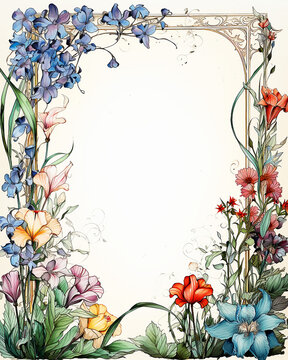 A page border of delicate watercolor flowers and metalpoint around negative space or copy space.