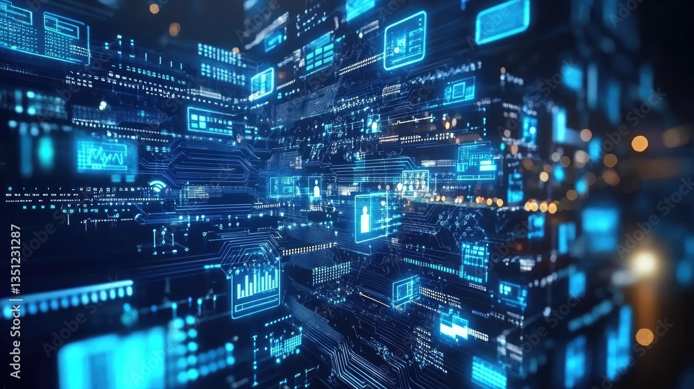 Poster futuristic digital landscape showcasing interconnected data streams and glowing circuitry, symbolizi