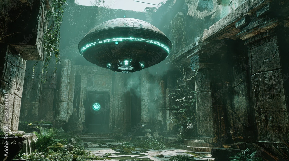 Poster mysterious alien generator floating inside ancient ruins