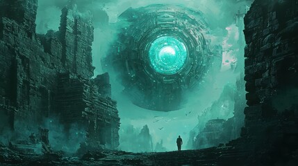 Fototapeta premium Mysterious Alien Generator Floating Above Ancient Ruins Landscape
