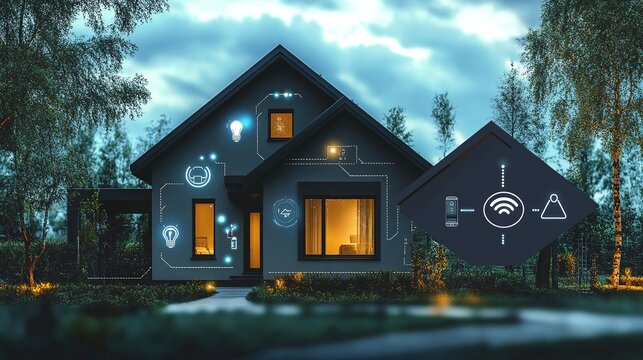 Digital Illustration of Smart Home Technology with Internet-Connected Devices, Icons of Light Bulbs and Security Cameras, Dark Blue Background, App or Website Icon in Foreground, 