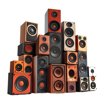  A set of speakers arranged in an array, with multiple small and large speaker boxes stacked on top of each other, against a  template background PNG
