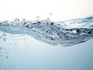 Wave on White Background with Transparent Clean Water, Blue Surface, Air Bubbles, Water Splash, Drops Flying, Photorealistic, Sharp Focus