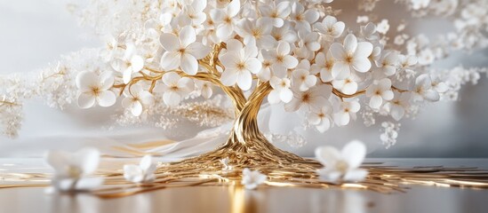 A 3D wallpaper mural featuring a golden tree of life adorned with white flowers. The luxurious design combines nature and elegance, creating a sophisticated and serene ambiance.  
