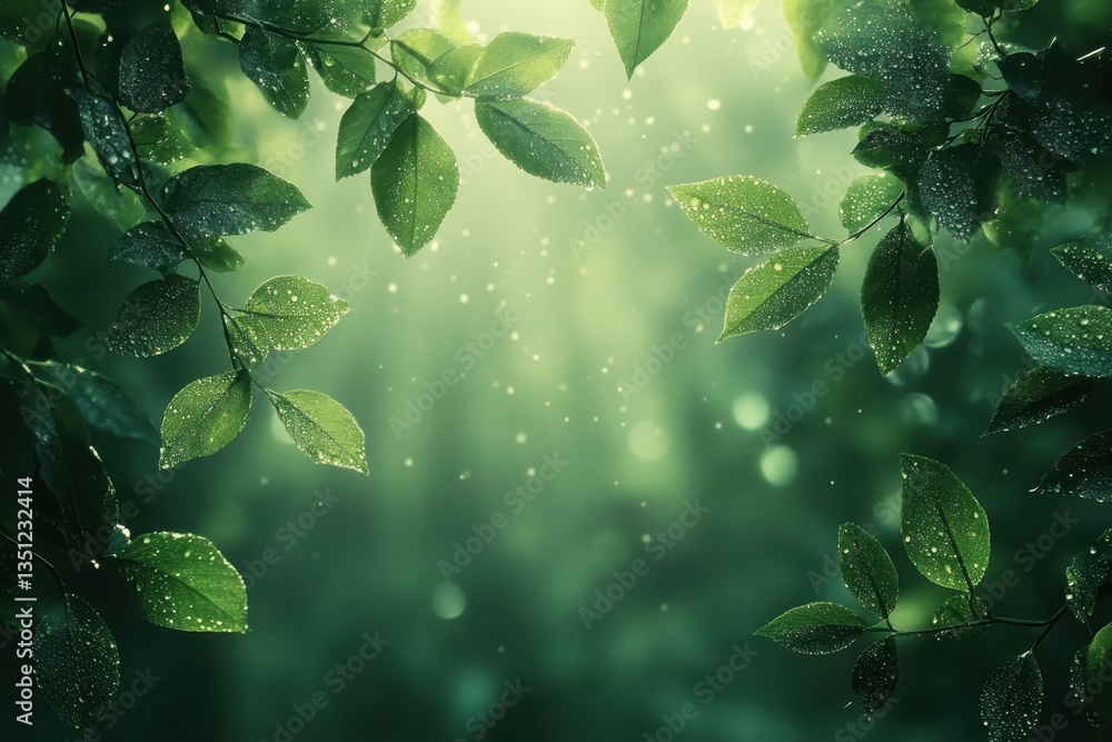 Poster sunlight filtering through lush green leaves in a serene forest setting after a gentle rain