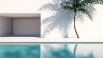 A stylish poolside escape, with a palm tree shadow dancing on the water's surface, framed by a clean white architectural structure.