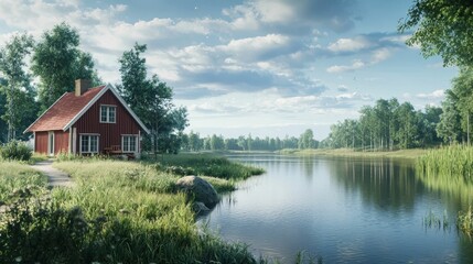 Fototapeta premium Scenic Panoramic View of Traditional Scandinavian Red House by Water