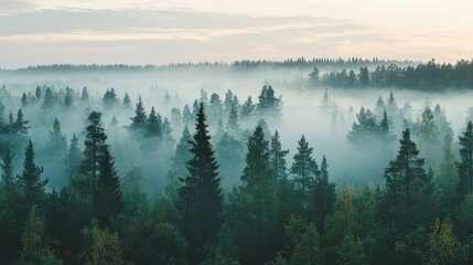 Obraz premium Panoramic View of Sweden's Vast Boreal Forest at Dawn in Mist