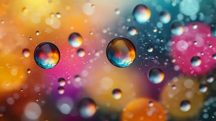 Vibrant water droplets on glass reflecting colorful bokeh lights.