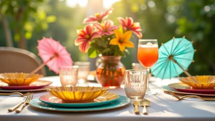 Brunch table with decorative umbrellas. Vibrant plates and bamboo cutlery create a fresh and vibrant summer table setting. The image should be sharp, vibrant, and detailed.