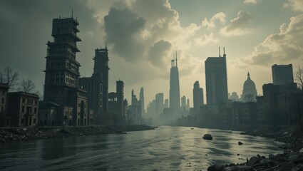 Obraz premium Dystopian Urban Landscape of Abandoned Buildings Under a Gloomy Sky with Reflections in Water