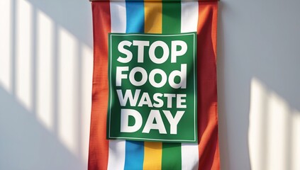 A vibrant banner promoting Stop Food Waste Day, featuring bold green text on a colorful striped background.