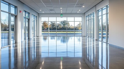 Modern empty office space with large windows and polished concrete floor, reflecting the outdoor scenery.