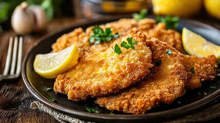 Golden Crispy Schnitzel Served with Fresh Lemon Wedges on Plate