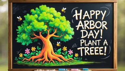 A vibrant chalkboard illustration celebrating Arbor Day with a colorful tree, flowers, and bees, promoting tree planting.