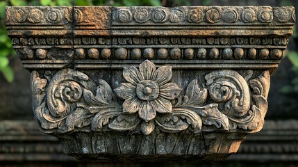 Intricate stone carving featuring a central flower and ornate leaf patterns, showcasing aged texture and detail.