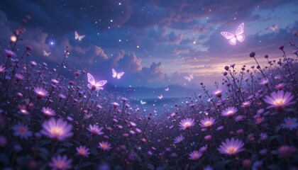Magical Night Field with Glowing Butterflies, Enchanted field at night, glowing flowers, butterflies