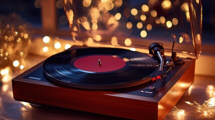 A vinyl record spinning on a classic wooden turntable, with colorful bokeh lights in the background