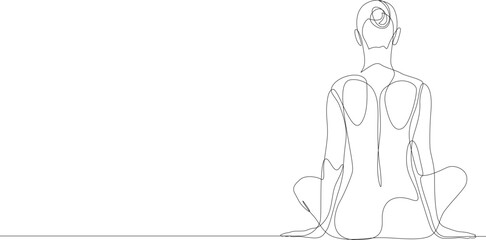 Naked woman sitting continuous one line drawing, rear view. Hand drawn minimalism style vector illustration, editable stroke.