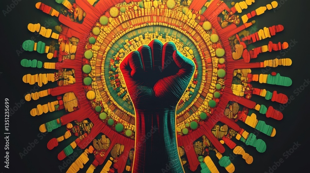 Aufkleber dynamic expression of unity: a powerful fist surrounded by colorful symbols of resilience and streng